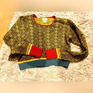 Handmade knit sweater, crop length, cute print, color block details